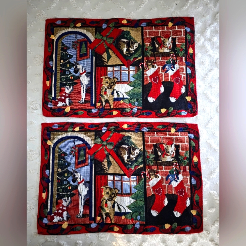 2 Dog Cat Holiday Tapestry Placemats Park B Smith